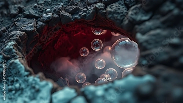 Fototapeta Ancient frozen soil cracks open with ethereal, glowing CO2 bubbles escaping into the atmosphere.