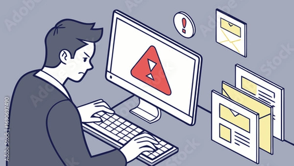 Obraz Frustrated worker facing computer error system malfunction email problems isometric illustration.