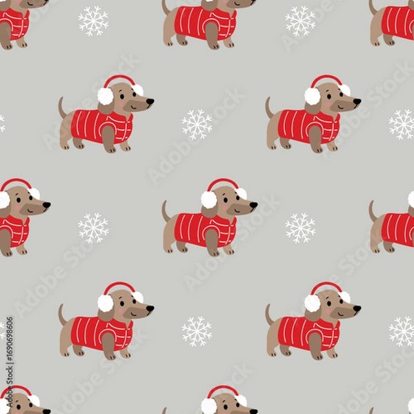 Obraz Cute dachshund puppy in winter costume seamless pattern and wallpaper. Christmas holidays background.