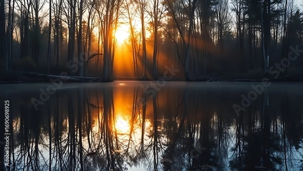 Fototapeta A tranquil forest scene mirrored in a still lake under golden sunlight filtering through trees.