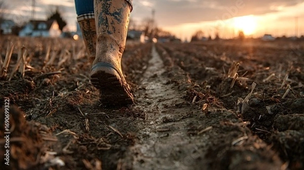 Fototapeta Farmer wearing rubber boots walks through a muddy plowed field at sunset, carefully inspecting crops after the harvest while enjoying the tranquil rural landscape