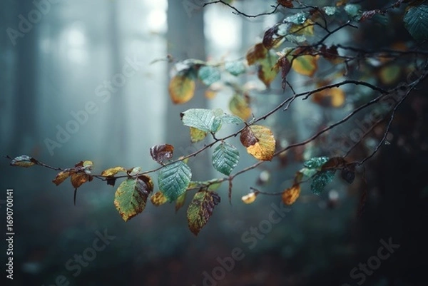 Obraz Autumn leaves in a misty forest
