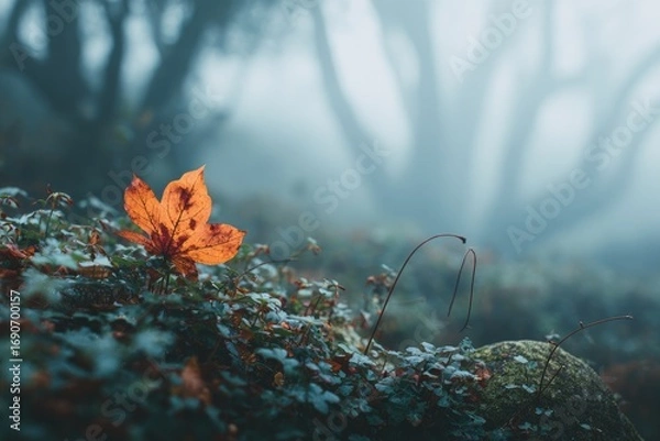 Obraz Misty forest floor with single autumn leaf