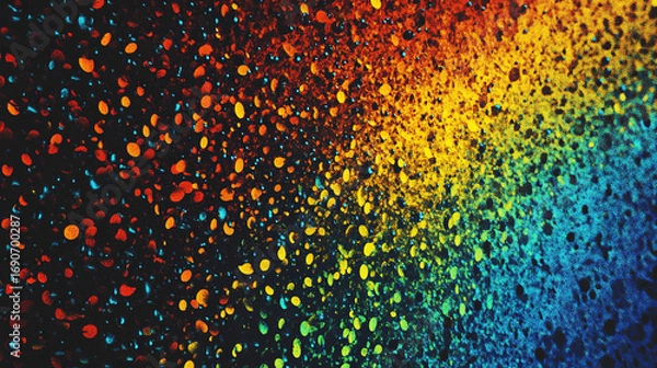 Fototapeta Grainy noisy gradient background, abstract vibrant color shape, glowing rainbow yellow green orange blue black noise texture banner design