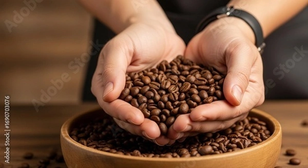 Fototapeta A close-up of a pair of hands holding roasted coffee beans over a wooden bowl, showcasing the rich texture and aroma of freshly prepared coffee beans