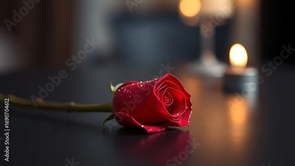 Fototapeta Single red rose with dewdrops on a sleek black surface, symbolizing minimalist romance.
