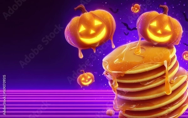 Fototapeta A stack of pancakes with a pumpkin on top