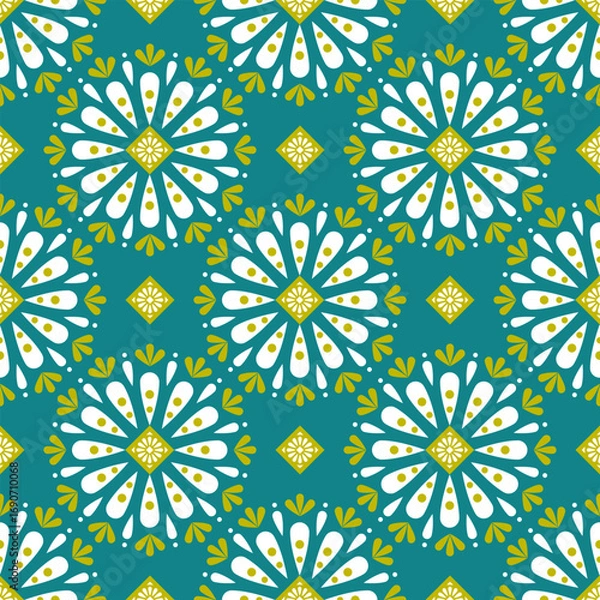 Fototapeta Geometric with floral pattern background, ceramic tile pattern, Indian pattern, tile design, wrap, abstract, carpet, floral style