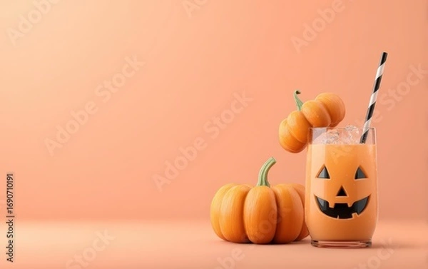 Fototapeta A glass of orange juice with a pumpkin face on it