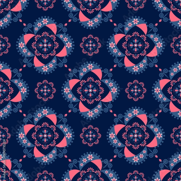 Fototapeta Geometric with floral pattern background, ceramic tile pattern, Indian pattern, tile design, wrap, abstract, carpet, floral style