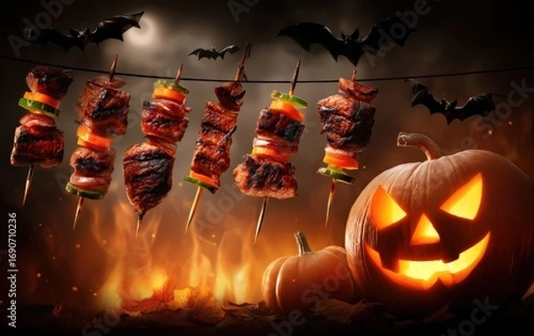 Fototapeta A pumpkin with a scary face is next to a bunch of skewers