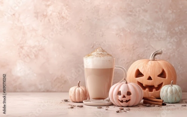 Fototapeta A pumpkin with a scary face is on a table next to a cup of coffee