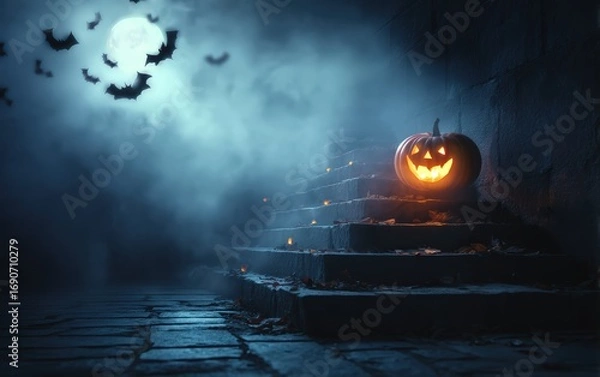 Fototapeta A pumpkin with a smiley face on it is on a staircase