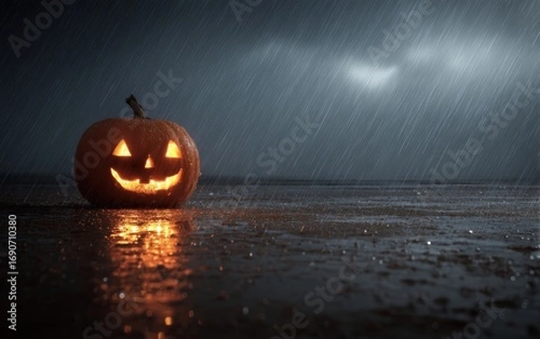Fototapeta A pumpkin with a smiley face on it is sitting in a puddle of water
