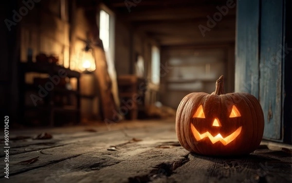 Fototapeta A pumpkin with a light on it is on the floor
