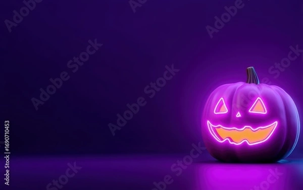 Fototapeta A glowing orange pumpkin with a smiley face on it