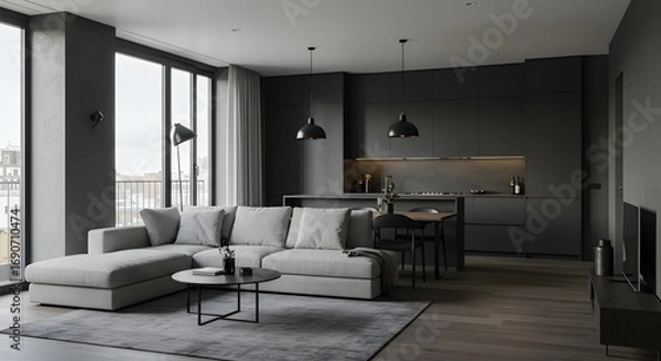 Fototapeta Modern Minimalist Living Room with Grey Sofa and Black Pendant Lights in Bright Open Space