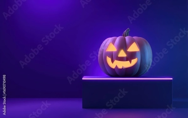 Fototapeta A pumpkin with a light on it is on a table