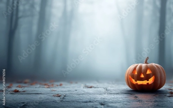 Fototapeta A pumpkin with a light on it is sitting on a sidewalk