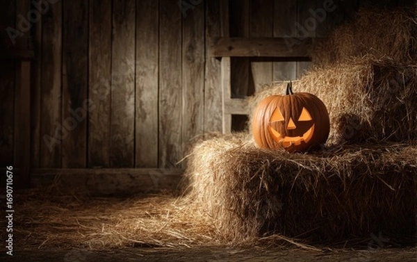 Fototapeta A pumpkin with a scary face is sitting on a hay bale