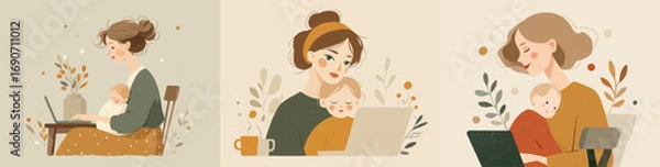 Fototapeta A mother sits in a comfortable chair, working on her laptop while holding her baby. The room is bright and decorated with plants, creating a warm, nurturing atmosphere.
