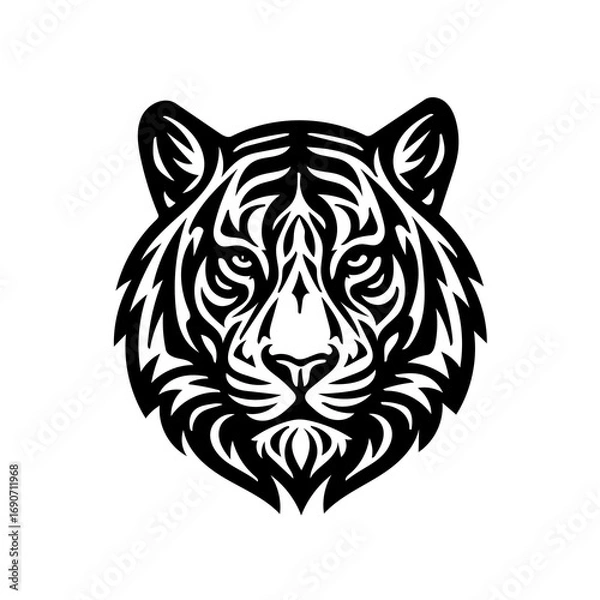 Fototapeta bold, tribal-style illustration of a tiger head, composed of swirling black lines and geometric curves