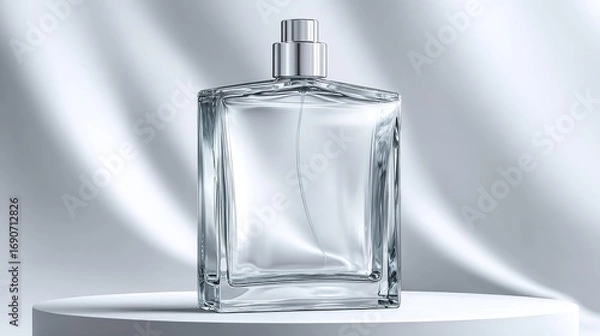 Fototapeta The empty glass perfume bottle sits atop a white podium against a white backdrop, embodying a minimalist design aesthetic and modern luxury product presentation that is both elegant and stylish
