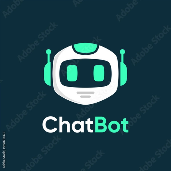 Obraz Modern Chatbot logo with a friendly robot head mascot. AI virtual assistant icon for technology, customer service, and app branding. Flat vector illustration.