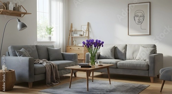 Fototapeta Modern Living Room Interior with Grey Sofas, Wooden Coffee Table and Purple Irises png clear alpha channel cutout isolated on transparent background