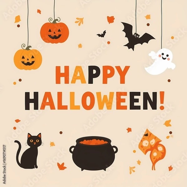 Obraz Happy Halloween with Pumpkins, Ghosts, and a Black Cat