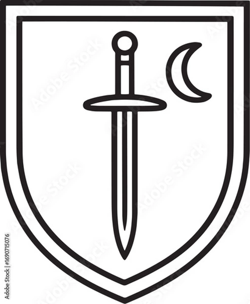 Obraz Medieval Shield with Sword and Crescent Moon Line Art