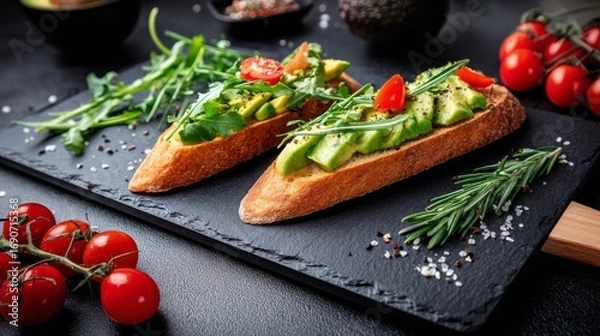 Fototapeta Closeup of fresh avocado and cherry tomato toasts on a slate board with green garnishes and copy space for culinary presentation