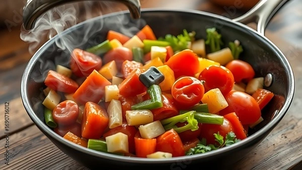 Fototapeta Fresh vegetables sizzling in a pan with steam rising, showcasing rustic kitchen charm.