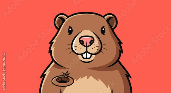 Fototapeta Cute Cartoon Groundhog with Burrow Hole on Chest.