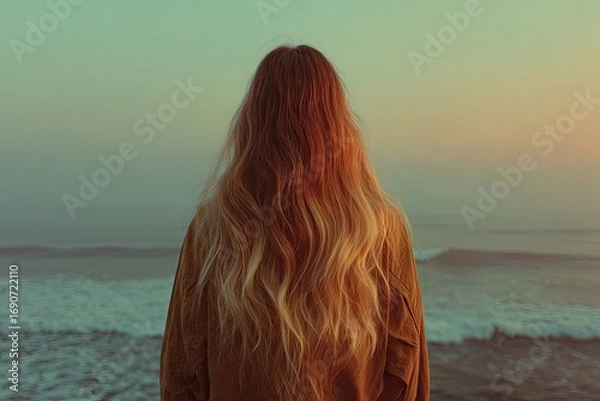 Obraz Woman with long hair at sunset on the beach