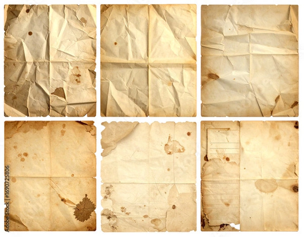 Fototapeta Collection of Old Parchment Sheets with Fold Marks and Burnt Stains