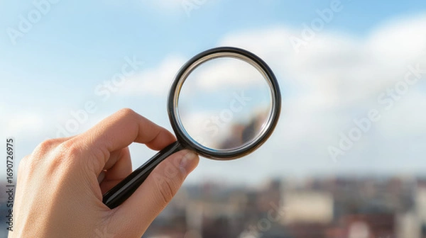 Obraz Person holds magnifying glass, focusing on distant view of cityscape under bright blue sky. image conveys curiosity and exploration, inviting viewers to discover details