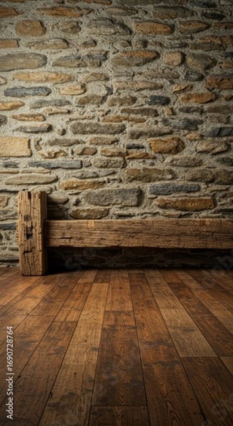 Obraz Stone wall rustic bench in interior space