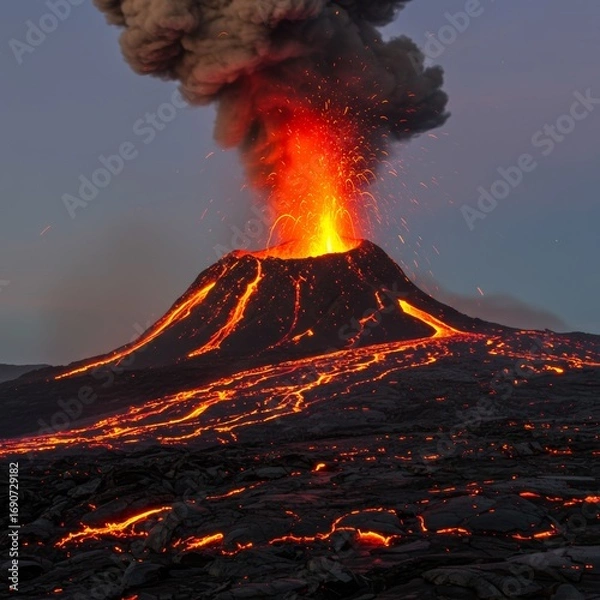 Obraz Volcano erupts dramatically during nighttime in a volcanic landscape