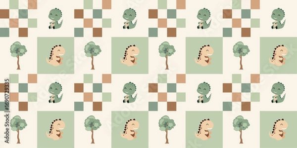 Fototapeta Cute dinosaurs checkerboard pattern. Jungle dinosaurs animal seamless pattern. Safari dinosaurs and tropical plants. Perfect for fabrics, print, textile, wallpaper, decor.