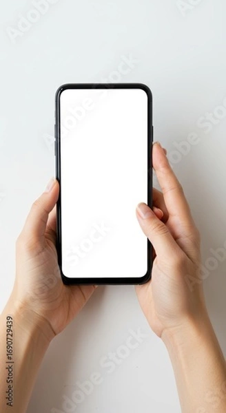 Obraz Smartphone displaying blank screen held by hands in studio setting