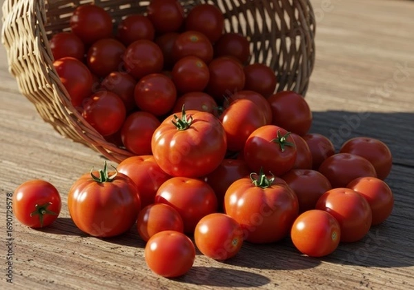 Obraz Tomatoes spilling from basket in sunlight
