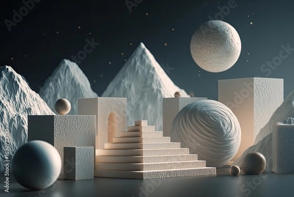 Obraz Abstract 3D Scene of Mountains, Moons, and Geometric Forms