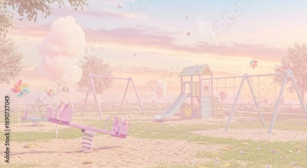 Fototapeta A playground scene with swings a slide a seesaw and cotton candy trees all bathed in soft pastel light