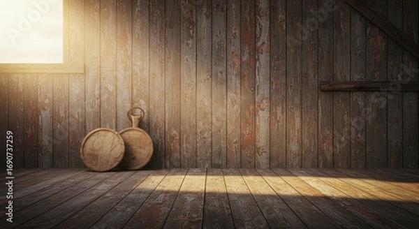 Fototapeta A rustic wooden room with old plank walls and floor lit by a window and two round wooden cutting boards