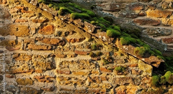 Fototapeta A stone wall covered in moss under sunlight