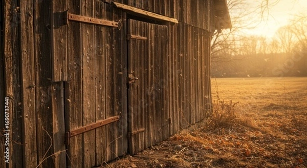 Fototapeta A weathered wooden barn with rusty hinges stands on a field under warm sunlight