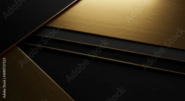 Fototapeta Abstract composition golden planes intersect with black surfaces creating a layered angular design