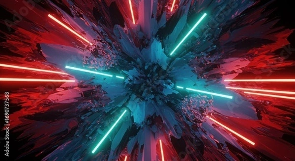 Fototapeta Abstract form central blue burst framed by jagged edges with red and teal glowing beams