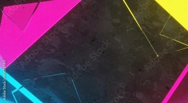 Fototapeta Abstract image with pink yellow and blue neon shapes on a textured gray background